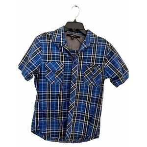 CJ Black Mens S SLIM FIT Sleeve Western Shirt Blue Plaid Pockets